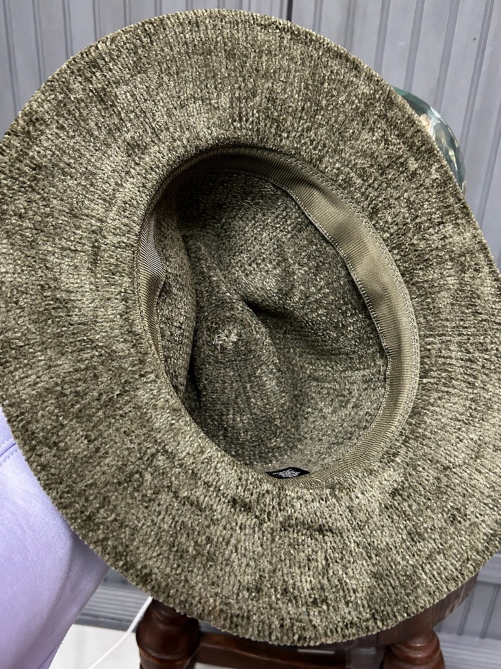 Olive Green Wide Brim Hat Chenille Textured Fedora One Size Boho Western - Picture 11 of 13